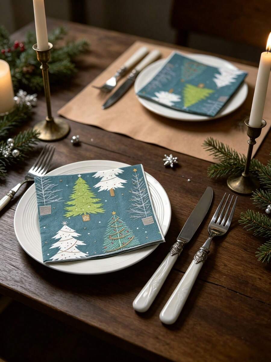 16pc/Set Colorful Christmas Tree Paper Napkins Disposable,Cocktail & Dinner Style Square Printed Paper Towels,Unfolded Size 10&13inch,Soft To Touch,Double Layer,Suitable For New Year,Christmas,Festival Party Supplies,Christmas Party Deco Napkins - Colors - View 1