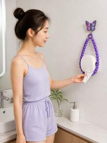 Butterfly Adhesive Hook Beaded Paper Towel Holder, No-Drill Wall-Mounted Roll Paper Rack, Luxury Rhinestone Decor, Quick Paper Replacement, Fits Kitchen Face Towels And Toilet Paper Rolls, Bathroom And Entryway Storage, Home Essential For Renters And Housewives, Back-To-School Home Decor Gift - Multicolor - View 5