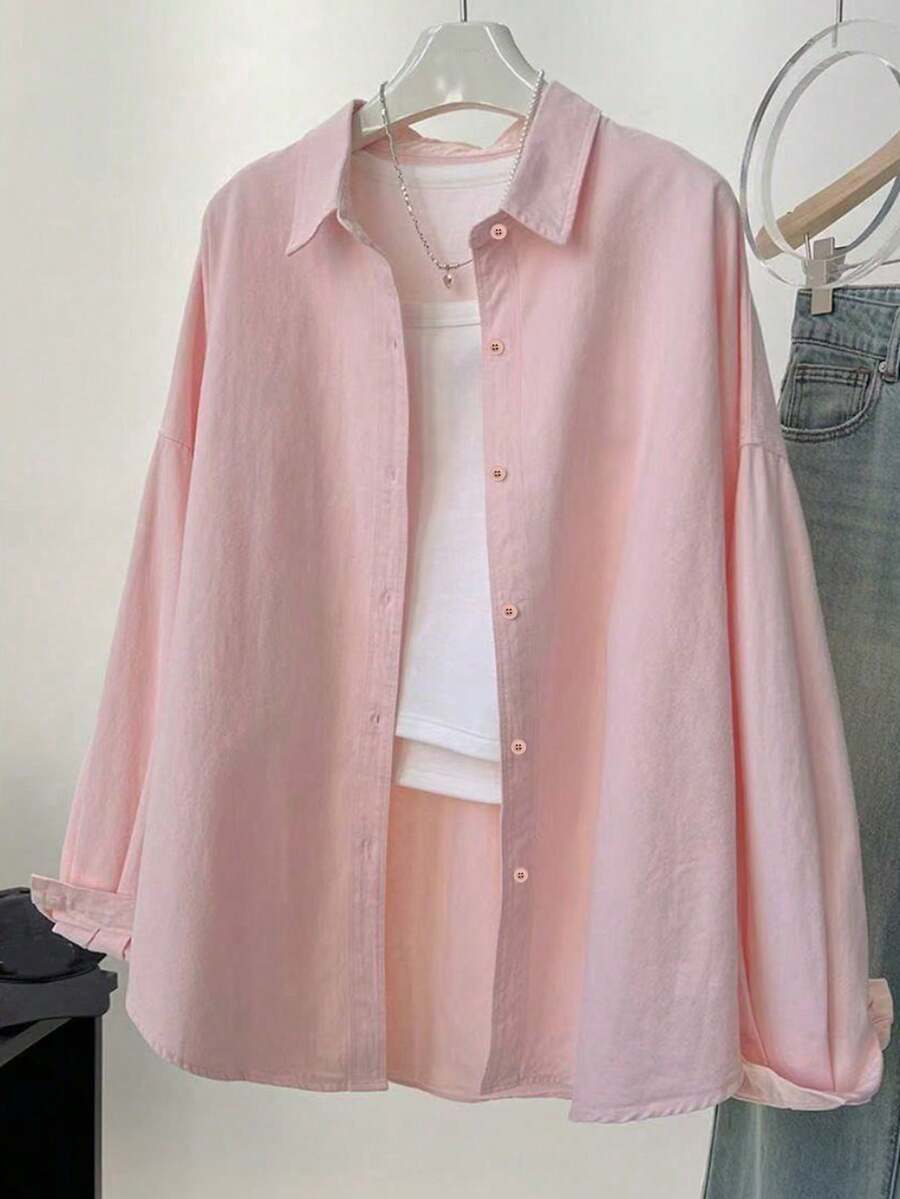 Plus Size Women's Button-Up Shirt, Casual Solid Color Long Sleeve Loose Fit Lapel Blouse - Pink - View 1