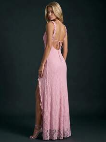 Women's Lace Detailed Strappy Backless Slit Maxi Dress - Pink - View 3