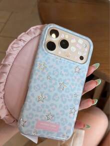 Korean Style Girly Leopard Print Star Phone Case Compatible With Iphone 17 Pro Max, Full Coverage New 16 Pro Max Protective Shell For Girls, 15 Pro Max Anti-Drop Apple 17 Pro - Blue - View 1