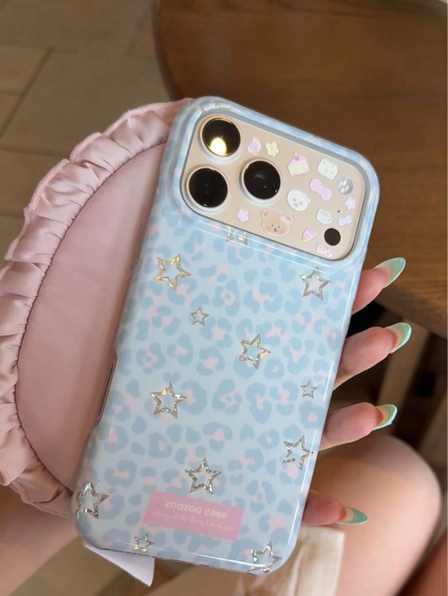 Korean Style Girly Leopard Print Star Phone Case Compatible With Iphone 17 Pro Max, Full Coverage New 16 Pro Max Protective Shell For Girls, 15 Pro Max Anti-Drop Apple 17 Pro - Blue - View 1