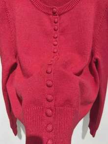Women's Autumn/Winter Elegant Casual Knit Cardigan, Solid Color Minimalist Round Neck Same-Color Button Knit Cardigan, Suitable For Daily Commute And Outings - Red - View 11