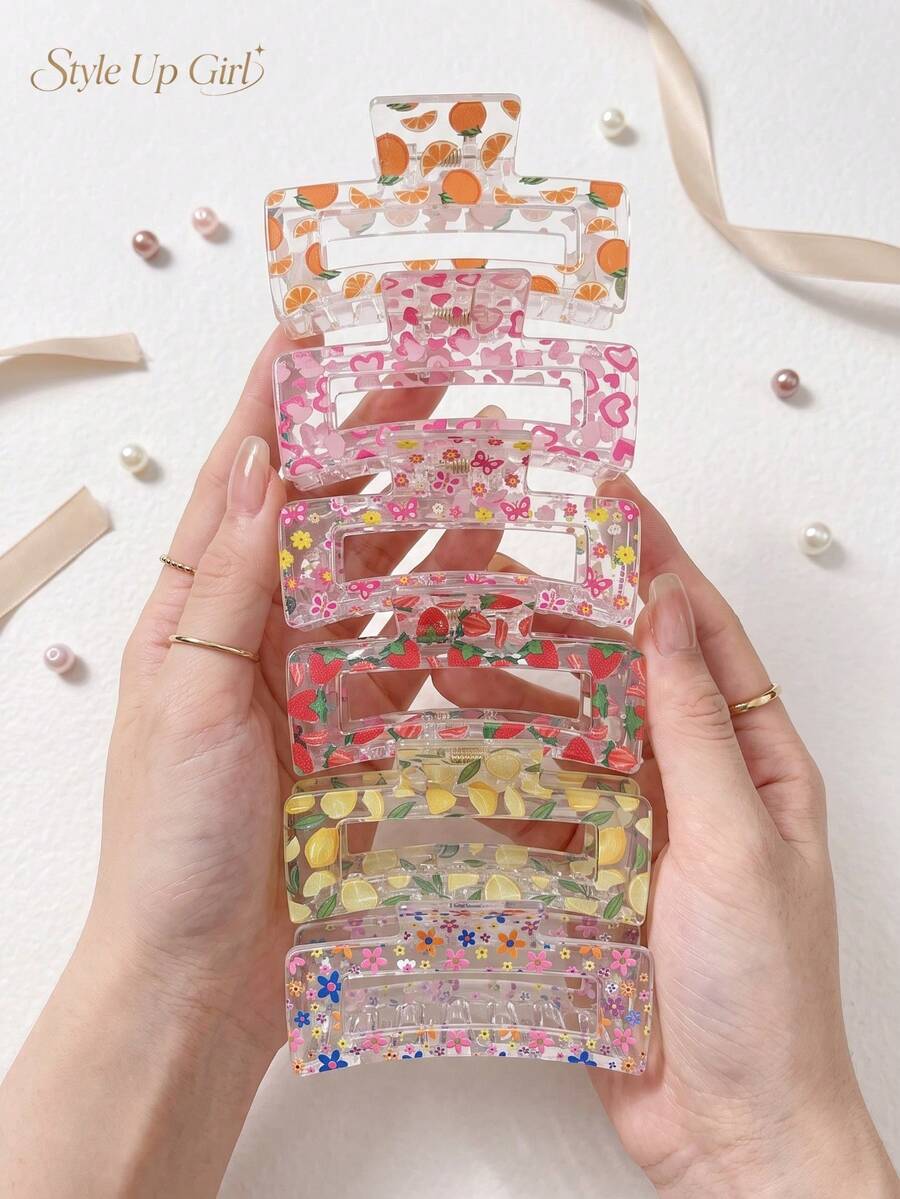 6pcs Cute Fruit & Floral Print Hair Clips Set, Suitable For Women And Girls, Transparent Rectangular Non-Slip Strong Hold Hair Clips, Strawberry Lemon Heart Y2K Style Hair Accessories, Suitable For Thick Hair, Daily And Back To School Gift - Multicolor - View 1