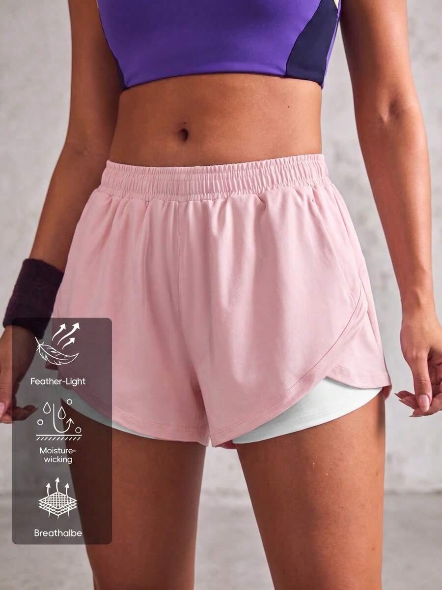 女士短裤套装，纯色内衬两用，弹性腰带，适合夏季跑步、运动、瑜伽、健身等活动 - 藕粉色 - 查看 1