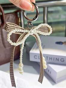 1pc Plaid Butterfly Faux Pearl Bow Keychain Bag Charm Decor, Minimalist Butterfly Design Phone Case Accessory - Coffee Brown - View 8