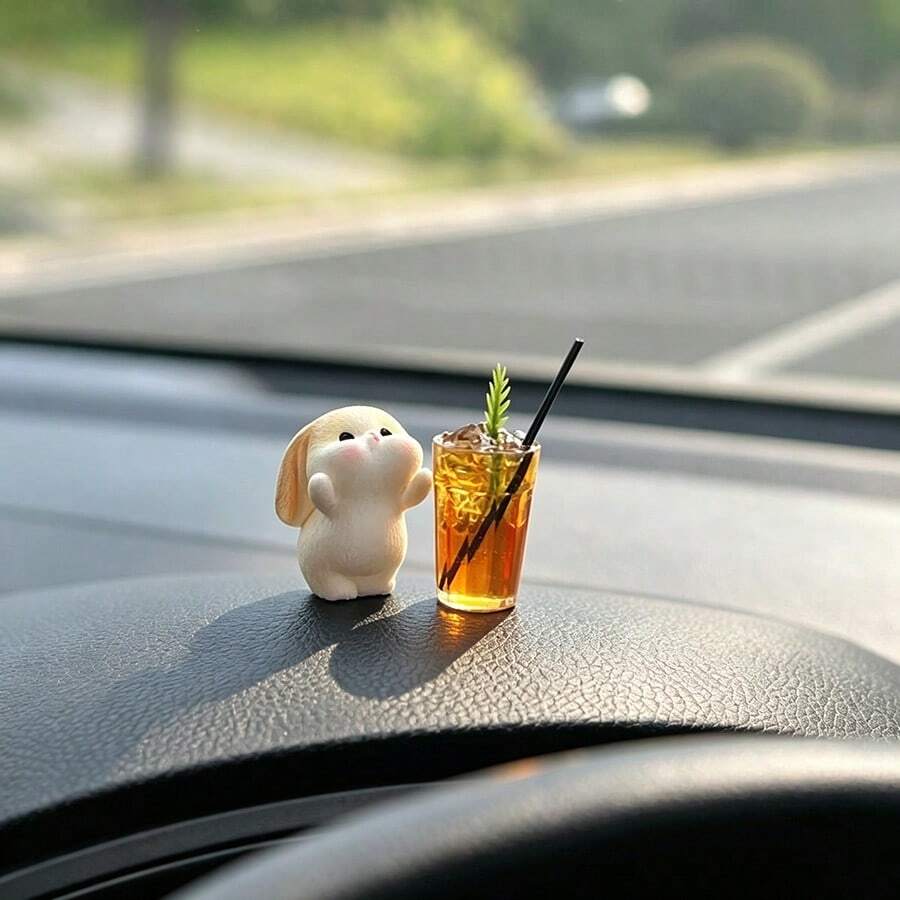 2pcs Healing Little Rabbit American Coffee Car Dashboard Decor/Car Interior Center Console Ornament/Mini Car Display Screen Office Computer Decoration - American Style Bunny - View 1