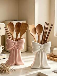 1pc/2pcs Aesthetic Bow Design Tabletop Utensil Holder, Vertical Kitchen Tool Storage Rack, Multifunctional Decorative Storage Bucket, Suitable For Restaurant And Home Use - Multicolor - View 1