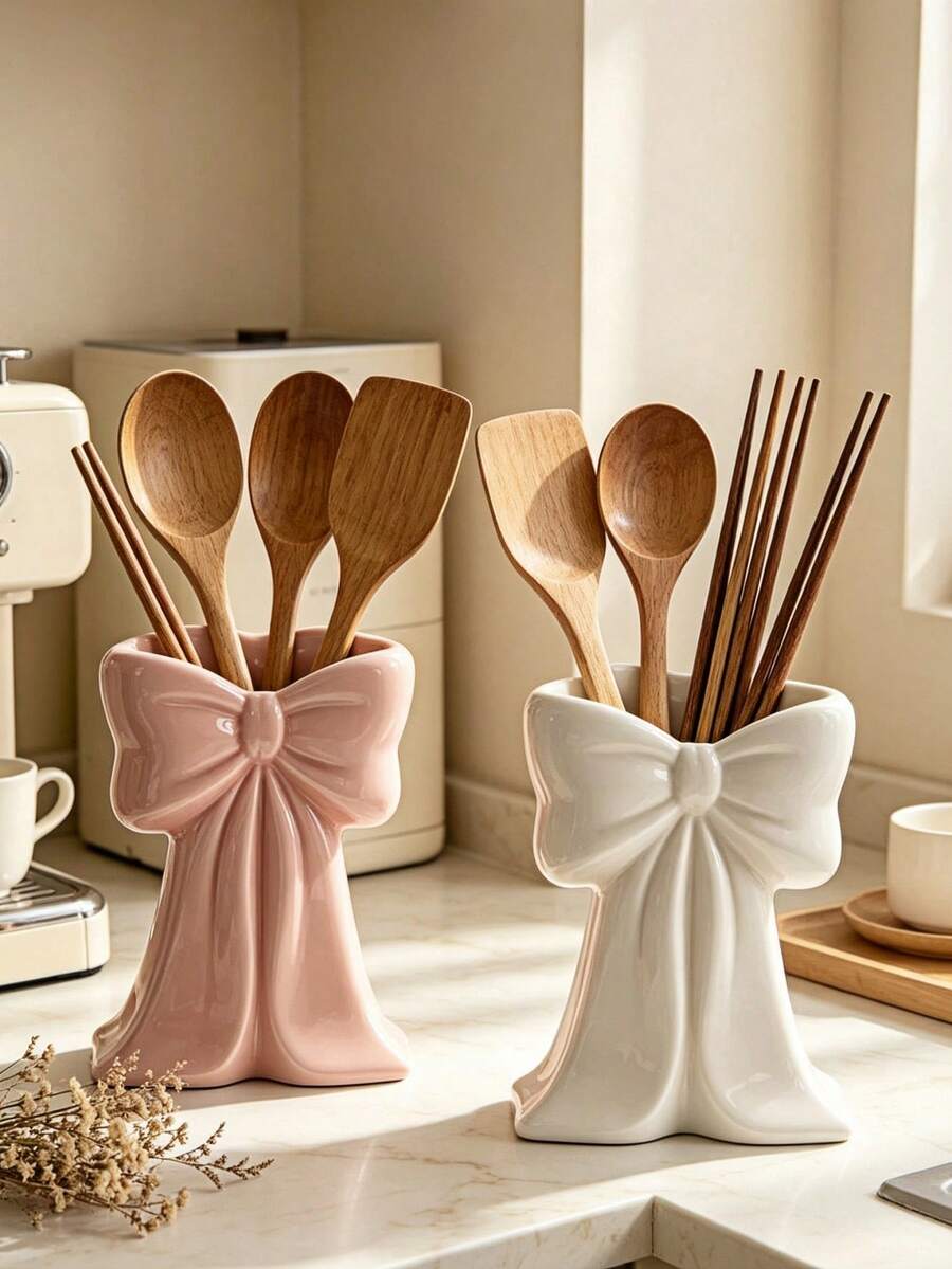 1pc/2pcs Aesthetic Bow Design Tabletop Utensil Holder, Vertical Kitchen Tool Storage Rack, Multifunctional Decorative Storage Bucket, Suitable For Restaurant And Home Use - Multicolor - View 1