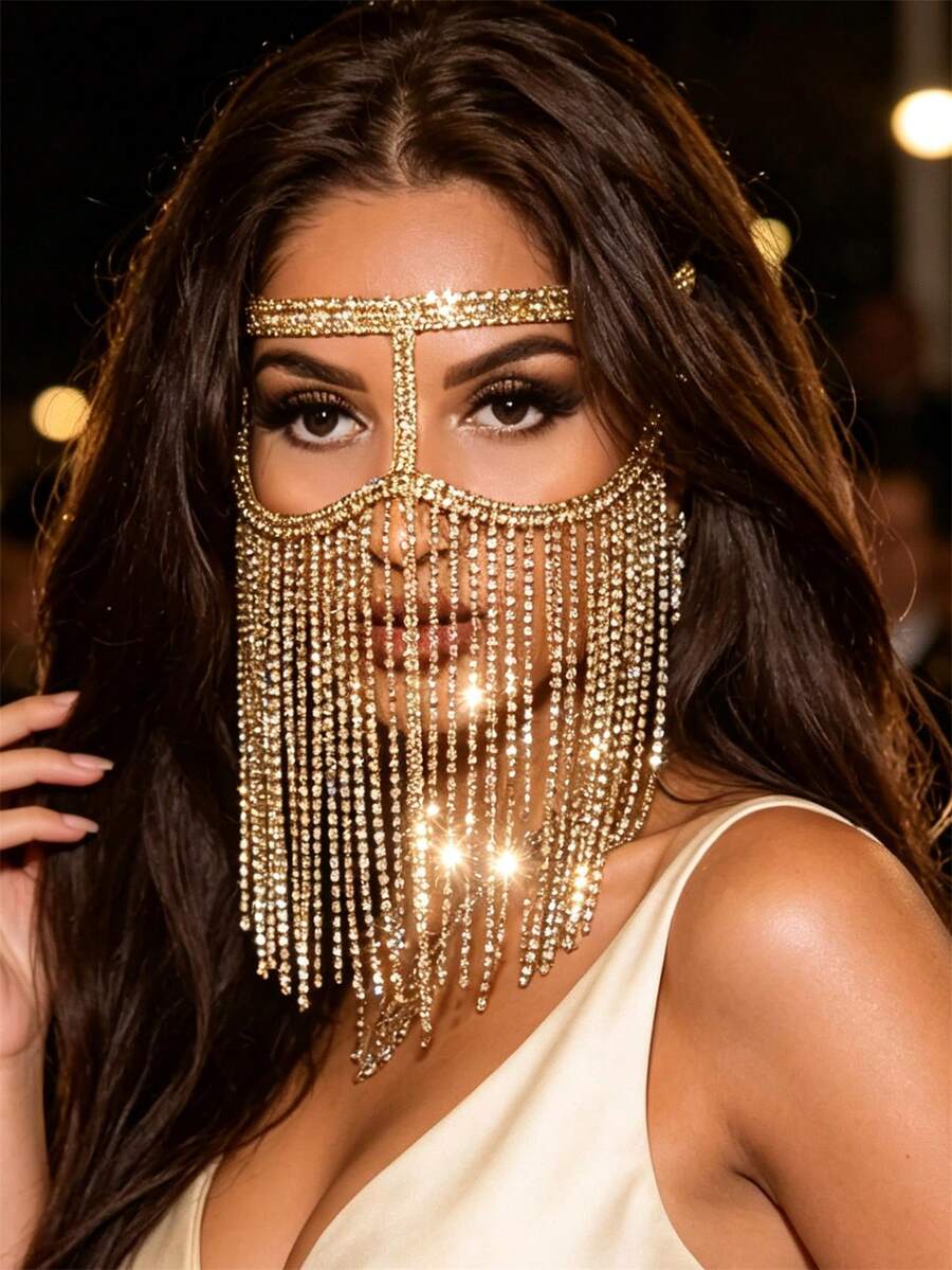 قناع تنكري فاخر مزين بالشرابات، إكسسوار وجه مجوهرات فاخرة بأسلوب السلسلة المثير، قطعة رأس للجبهة - الذهبي - مشاهدة 1