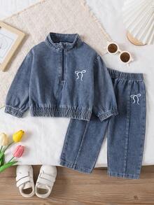 2pcs/Set Baby Girl Casual Style Elastic Cuff Bow Decor Pullover Top And Casual Long Pants, Autumn - Blue - View 1