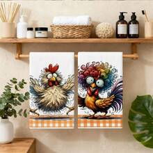 2pcs Vintage Pastoral Chicken Pattern Kitchen Towels, Soft Skin-Friendly Hand Towels, Absorbent Cleaning Cloths, Reusable Cleaning Rags, Suitable For Kitchen, Living Room, Bathroom And Home Decor, Holiday Gift For Friends - Orange - View 6