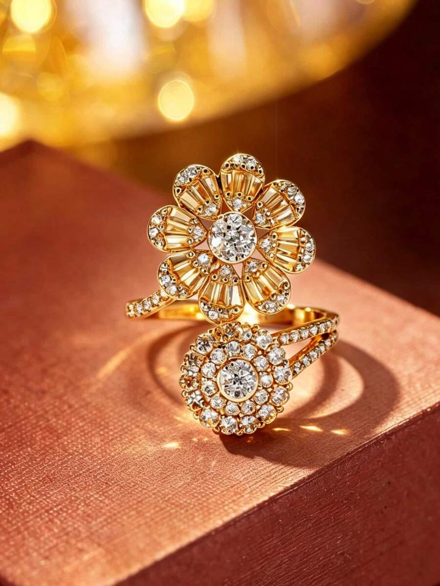 1pc Fashion Luxury Style Double Flower Elegant Open Ring, Trapezoid Square Round Mixed Inlaid Floral Design Ring, Women's Party Stacking Glamorous Ring - Open Ring - View 1