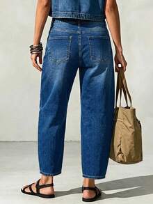 Light Blue Washed Double Side Cargo Pockets Semi-Elastic Waist Cropped Straight Leg Cargo Denim Jeans - Blue - View 6