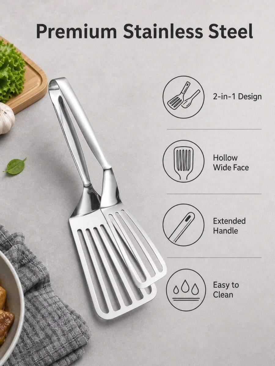 1pc Stainless Steel Hollow Oil-Filtering Cooking Tong, Non-Deforming Kitchen Tool, Perfect For Frying Fish, Grilling Steak, Making Burgers, Baking Seafood, Home Daily Cooking, Outdoor Camping BBQ - Silver - Stainless Steel Spatula - View 1