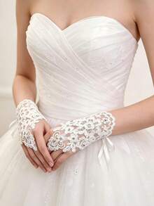 1 Pair White Short Rhinestone Lace Fingerless Gloves, Bridal Embroidered Lace Gloves With Ties, Elegant Accessory For Wedding, Banquet, Party, Performance, Birthday, Holiday Events - Multicolor - View 5