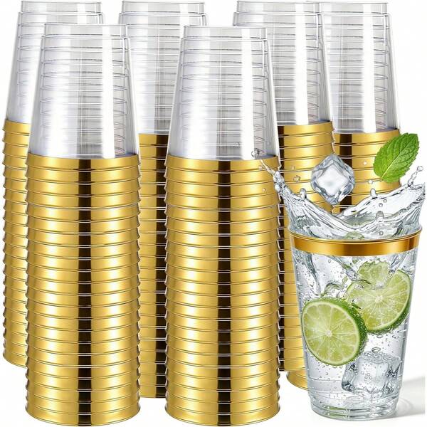 20pcs Gold Cups, 6.76oz Clear Cups With Gold Rim, Gold Beer Cups, Hard Cups For Party, Premium Gold Rim Cups, Perfect For Wedding And Party