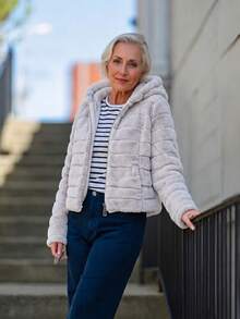 Women's Faux Fur Hooded Pocket Coat - Perfect Choice For Autumn/Winter - Grey - View 1