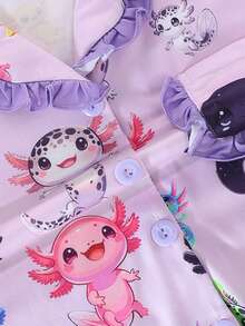 2pcs/Set Tween Girl Casual Digital Cartoon Hexagon Dinosaur Print Lapel Short Sleeve Top And Shorts Pajama Set, Flame Retardant, Ruffle Cuff And Hem Design, All Season, Tween Girl - Multicolor - View 7