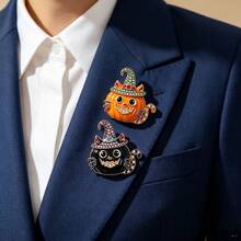1pc Halloween Pumpkin Cat Brooch With Drip Oil And Rhinestones, Witch Hat Holiday Party Coat Suit Decoration Pin Corsage Gift - Multicolor - View 1