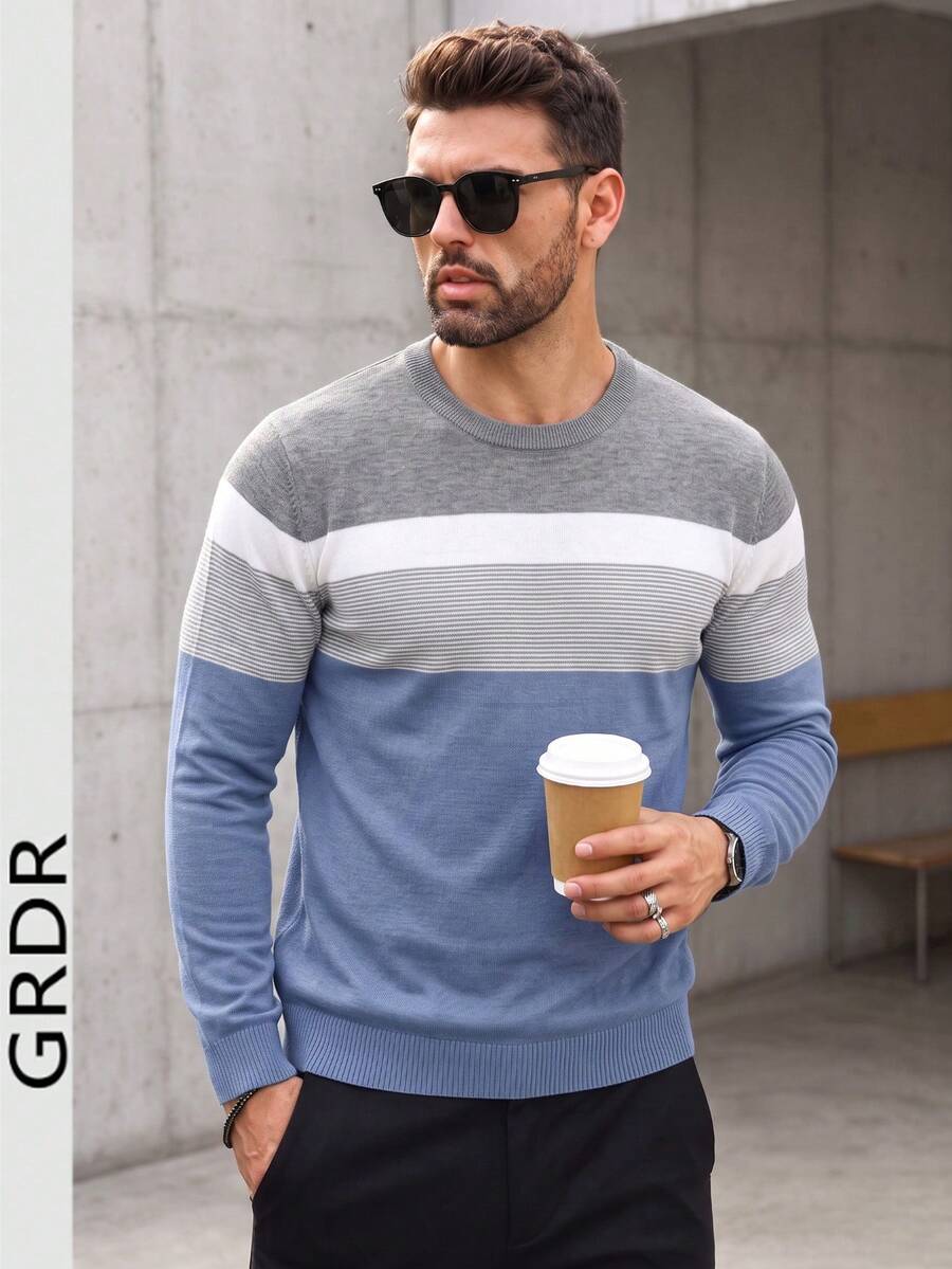 GRDR Men's New Minimalist Casual Contrast Color Crew Neck Long Sleeve - Daily Commute Knit Top - Blue and White - View 1