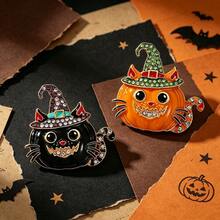 1pc Halloween Pumpkin Cat Brooch With Drip Oil And Rhinestones, Witch Hat Holiday Party Coat Suit Decoration Pin Corsage Gift - Multicolor - View 6
