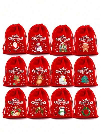 12pcs Reusable Christmas Velvet Drawstring Gift Bags, Santa Claus Gift Pouches With Satin Ribbon Cord, For Candy And Small Gifts, Christmas Holiday Party Supplies, Jewelry Bracelet Packaging Bags For Christmas And New Year Party Decor