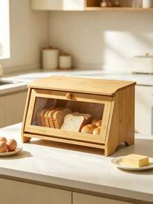 1pc Bamboo Flip‑Top Bread Storage Box, Natural Bamboo, Flip Lid With Clear Visible Window, Large Capacity, For Kitchen Countertop Bread Pastry Dust‑Proof Storage & Desktop Organization - Random Color - View 6
