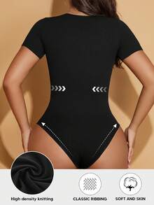 Women's Solid Color Short Sleeve Fitted Bodysuit Black Summer Elegant - Black - View 3