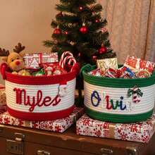 1pc Personalized Customized Christmas Basket Round Rope Storage Basket Holiday Gift Basket Holiday Storage Organizer Basket Knitted Rope Storage Bin - Multicolor - View 2