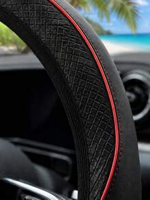 ROSEKEY 1件通用PU皮革鑲嵌無邊框方向盤套，15英吋防滑透氣汽車方向盤套，運動風黑紅縫線，適用於轎車、SUV和卡車，舒適抓握，汽車裝飾禮物 - B - 查看 4