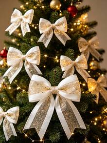 1/2 rulle julglitter metallisk band, vit och guldig paljettnätstyg, lämplig för julgransdekorationer, presentinslagningsrosetter, julfeststolsryggsdekorationer, vinflaskedekorationer och jul-DIY handgjorda kransdekorationer. - Flerfärgad - Visa 3
