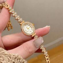 1pc Vintage Gold Oval Quartz Women's Wristwatch, Rhinestone Elegant Dial, Suitable For Daily Wear, Jewelry Gift - Style 1 - View 3