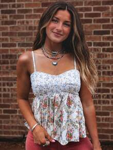 Acelitt Women's Colorful Ditsy Floral Print Camisole Top With Ruffle Umbrella Hem - Multicolor - View 1