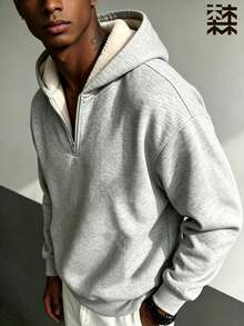 mulinsen Men's Off-Shoulder Long Sleeve Half-Zip Sweatshirt, Thick Warm Pullover Sweatshirt, Suitable For Autumn/Winter Daily Wear - Light Grey - View 2