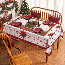 1pc Christmas Tree Holly Leaf Poinsettia Print Rectangular Tablecloth, Suitable For Holiday, Party, Birthday, Dinner, Restaurant Table Decoration, Christmas Home Autumn/Winter Decor - Multicolor - View 9
