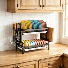 1 Set Premium 2-Tier Metal Dish Drying Rack With Drain Board - Large Capacity Kitchen Organizer For Bowls, Plates, Utensils, Knives And Cutting Boards, Modern Durable Kitchen Rack, Kitchen Dish Rack - Multicolor - View 2
