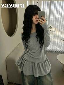 Korean Style Ballet Off-Shoulder Ruffle Pleated Long Sleeve T-Shirt Round Neck Versatile Loose Top For Women - Light Grey - View 5