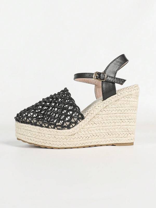 Women's Woven Straw Wedge Sandals With Ankle Strap Buckle, Thick Sole, Bohemian Style Casual Beach Holiday Shoes