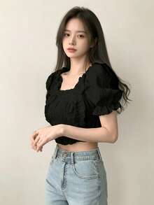 YCYC 夏季甜美純色休閒花瓣袖方領上衣 - 黑色 - 查看 2
