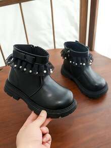 Sepatu Bot Pendek Putri Modis untuk Anak Perempuan, Model Baru Musim Gugur 2026, Motif Hati & Pita untuk Balita - Hitam - View 2