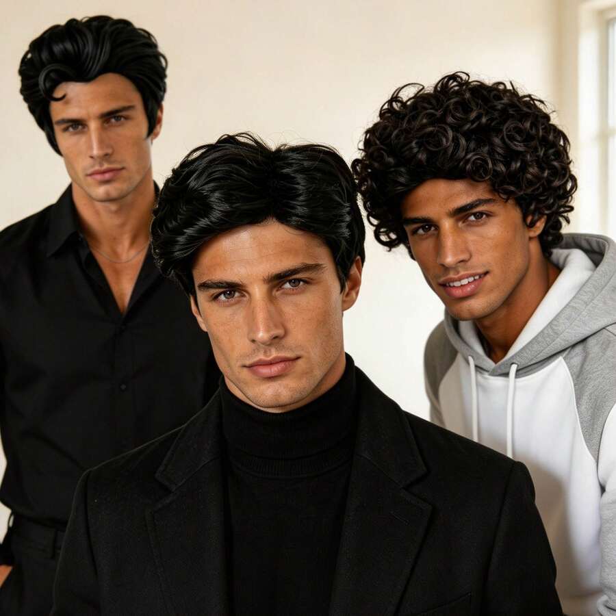 Fashion Men's Short Curly & Straight Synthetic Wig, Natural Black & Dark Brown Male Daily Party Halloween Cosplay Costume Wig - Multicolor - View 1