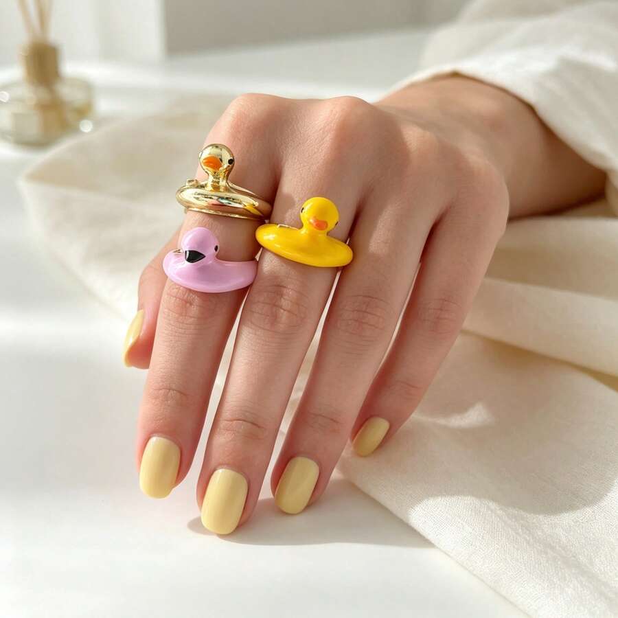 Anillo abierto de pato animal lindo de One Piece, accesorio de fiesta estilo niña personalizado, anillo de dedo de esmalte de dibujos animados divertido - Anillo de pato - Ver 1
