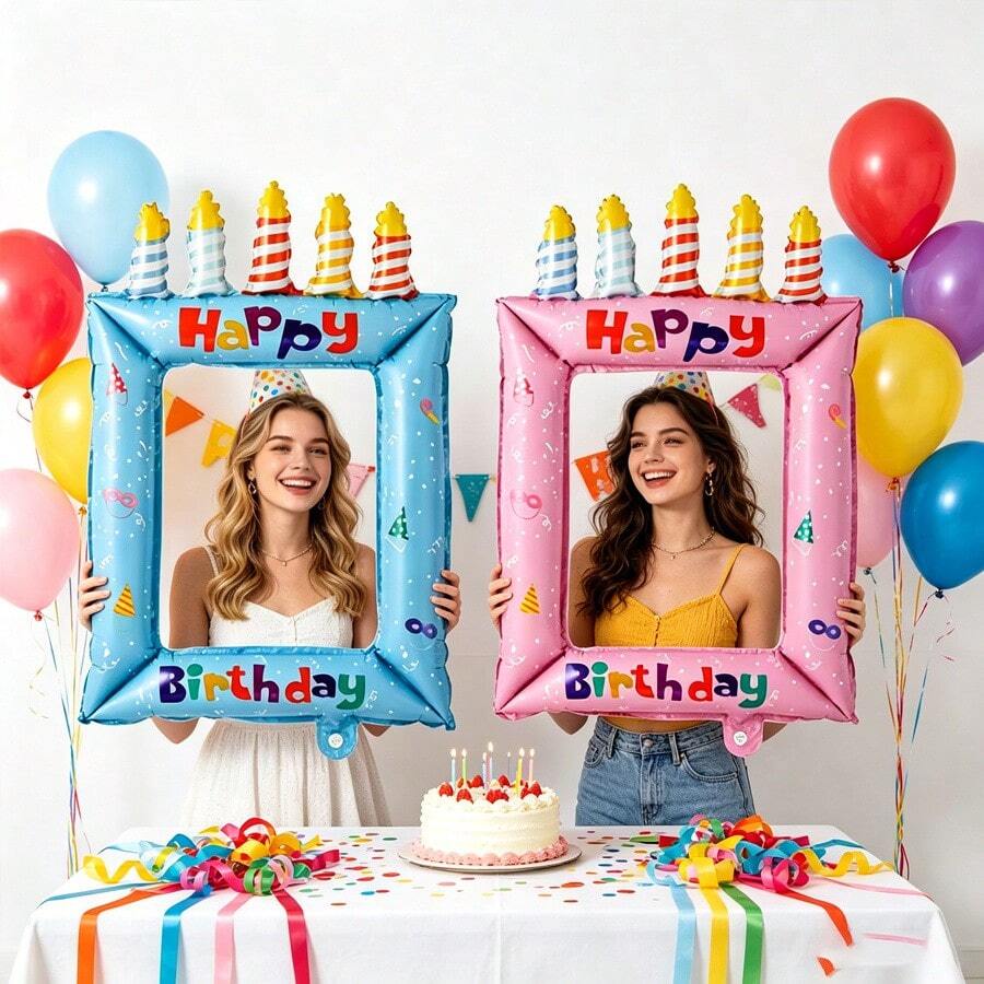 28 Inch Pink & Blue Birthday Photo Frame Balloons, Photo Booth Decorations, Suitable For Birthday Parties, Anniversary Celebrations, Holiday Events, Festive Backgrounds, Outdoor Activities, Creating Party Atmosphere, Photo Backdrop, Decorative Ball Supplies - Birthday Photo Frame Balloon - View 1