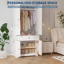 Wooden Wardrobe Armoire, Freestanding Bedroom Closet Cabinet With 2 Drawers, Adjustable Shelves And Spacious Storage, Multi-Functional Clothes Storage Organizer For Bedroom, Living Room And Home - White - View 8