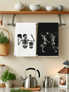 2pcs Halloween Dancing Skeleton Print Kitchen Towels, Black And White Skull Moon And Star Design Dish Cloths, Suitable For Kitchen Cleaning & Halloween Decor - Black and White - View 6