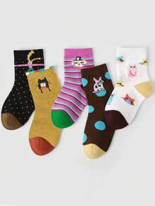 5 Pairs Vintage Cartoon Cat Girl Socks, Cute, Suitable For Spring, Autumn And Winter. Elastic Cuff Casual Children's Socks - Multicolor - View 10