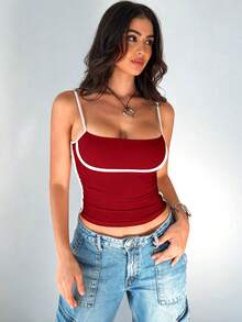 Mystra Women's Contrast Color Simple Everyday Camisole - Burgundy - View 1