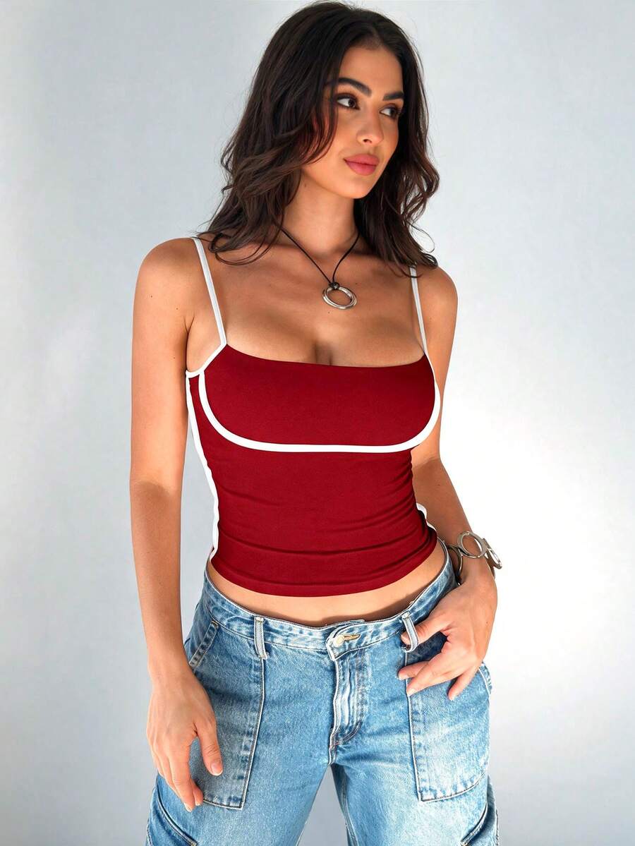 Mystra Women's Contrast Color Simple Everyday Camisole - Burgundy - View 1