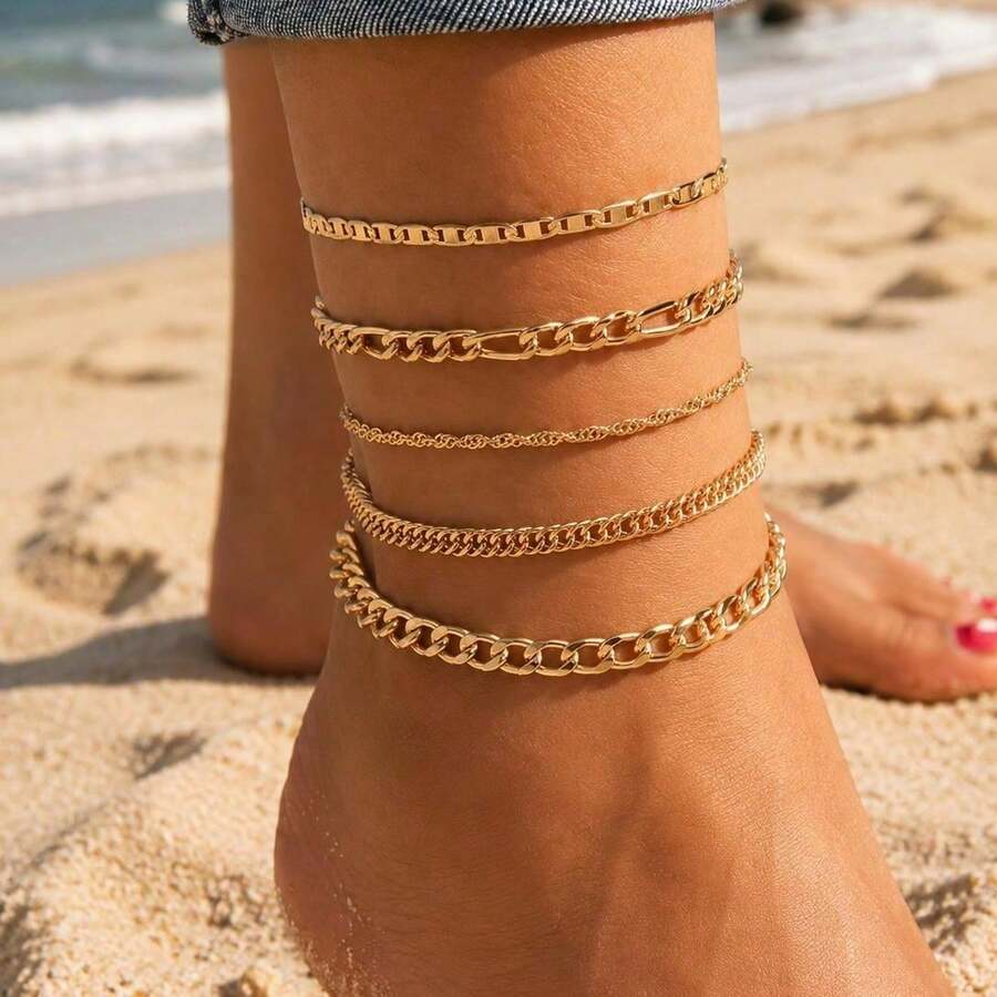 5pcs/Set Vintage Gold Chain Anklets, European And American Hip-Hop Style Multi-Layer Stacked Ankle Chains, Men's Summer Beach Vacation Daily Versatile Jewelry Gift - Gold - View 1